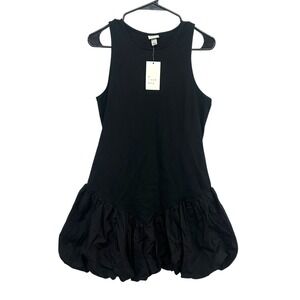 Black Bubble Hem Mini Dress L Minimalist Clean Girl Balletcore Modern Preppy